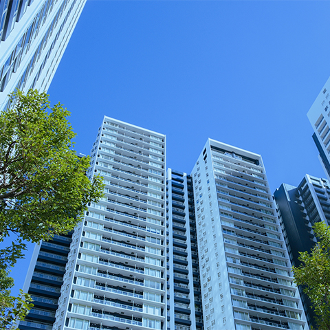 Office building and green trees